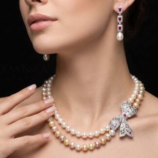 Omnia Arleth Multi-Color Real Pearl Set with Bow Accent and High-Quality Simulated Diamonds, Featuring a Double-Strand Design