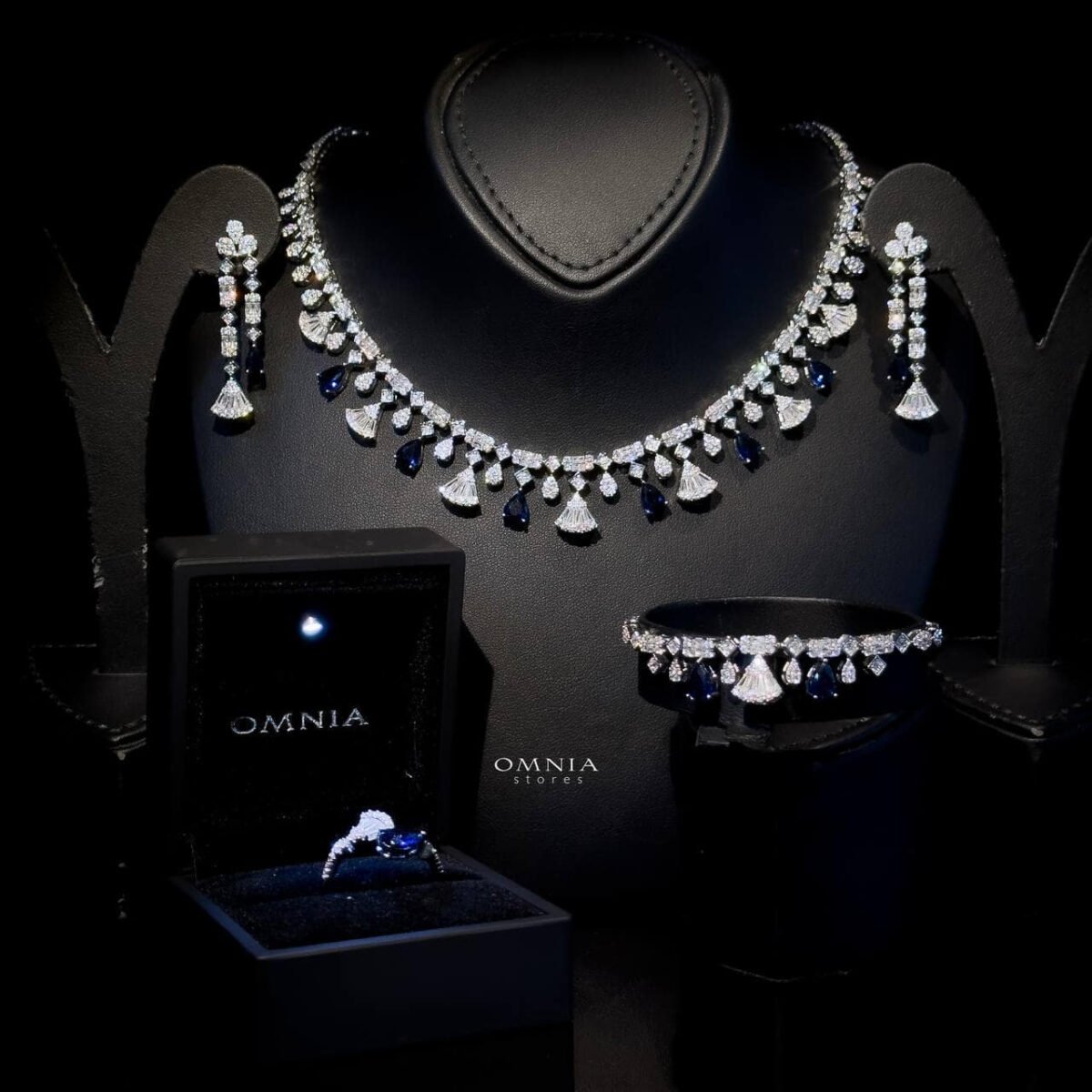 Omnia Marwa Blue Full Set Accessories in High Quality Zircon Stone Rhodium Plated