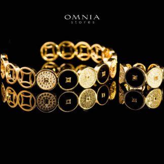 Omnia Golden Cuff With Bracelet and Ring with Black Oval Design In Rhodium Plated
