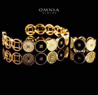 Omnia Golden Cuff With Bracelet and Ring with Black Oval Design In Rhodium Plated