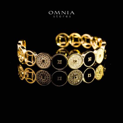 Omnia Golden Cuff With Bracelet and Ring with Black Oval Design In Rhodium Plated - Image 2