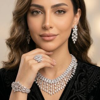 Omnia Soheila White Luxury Bridal Full Set with Emerald and Pear-Cut High-Quality Simulated Diamonds Rhodium Plated