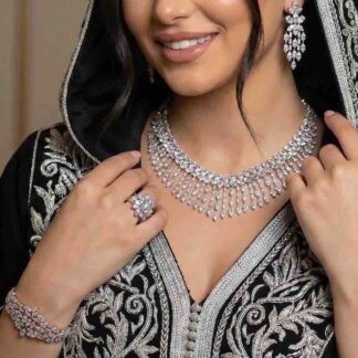 Omnia Soheila White Luxury Bridal Full Set with Emerald and Pear-Cut High-Quality Simulated Diamonds Rhodium Plated