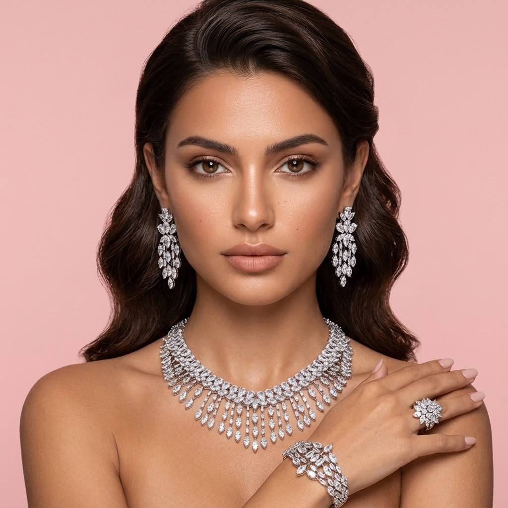 Omnia Soheila White Luxury Bridal Full Set with Emerald and Pear-Cut High-Quality Simulated Diamonds Rhodium Plated - Image 3