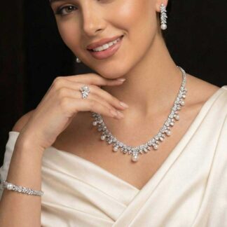 Omnia Vada Pearl Luxury White Bridal Full Set in High Quality Zircon Stone Rhodium Plated