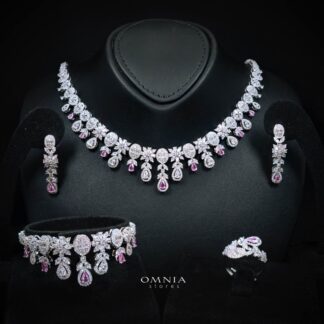 Omnia Trisha Pink Full set Accessories in High Quality Zircon Stone in Rhodium Plated