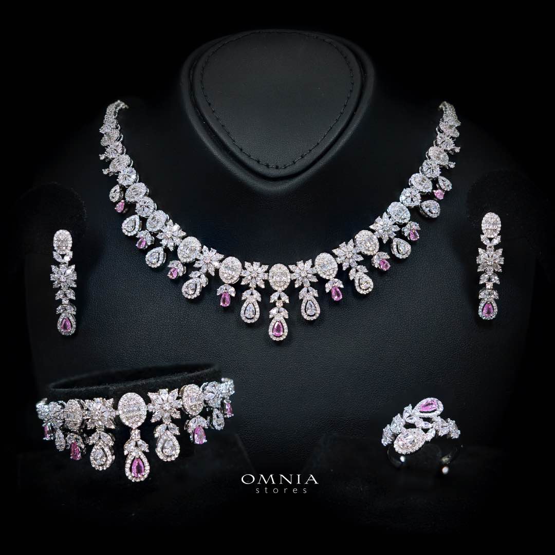 Omnia Trisha Pink Full set Accessories in High Quality Zircon Stone in Rhodium Plated - Image 2