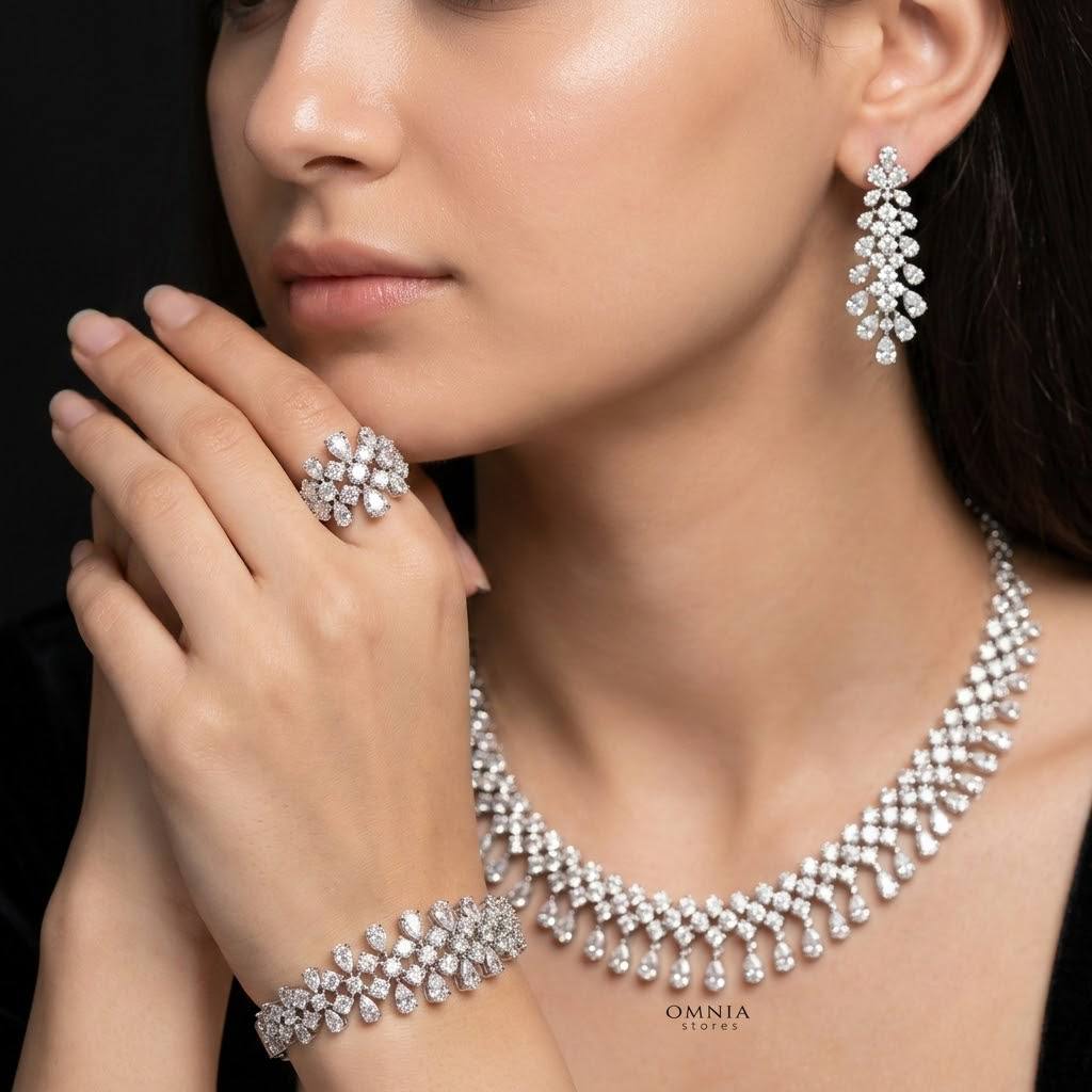 Omnia Saphira White Luxury Bridal Full Set in High Quality Zircon Stone Rhodium Plated