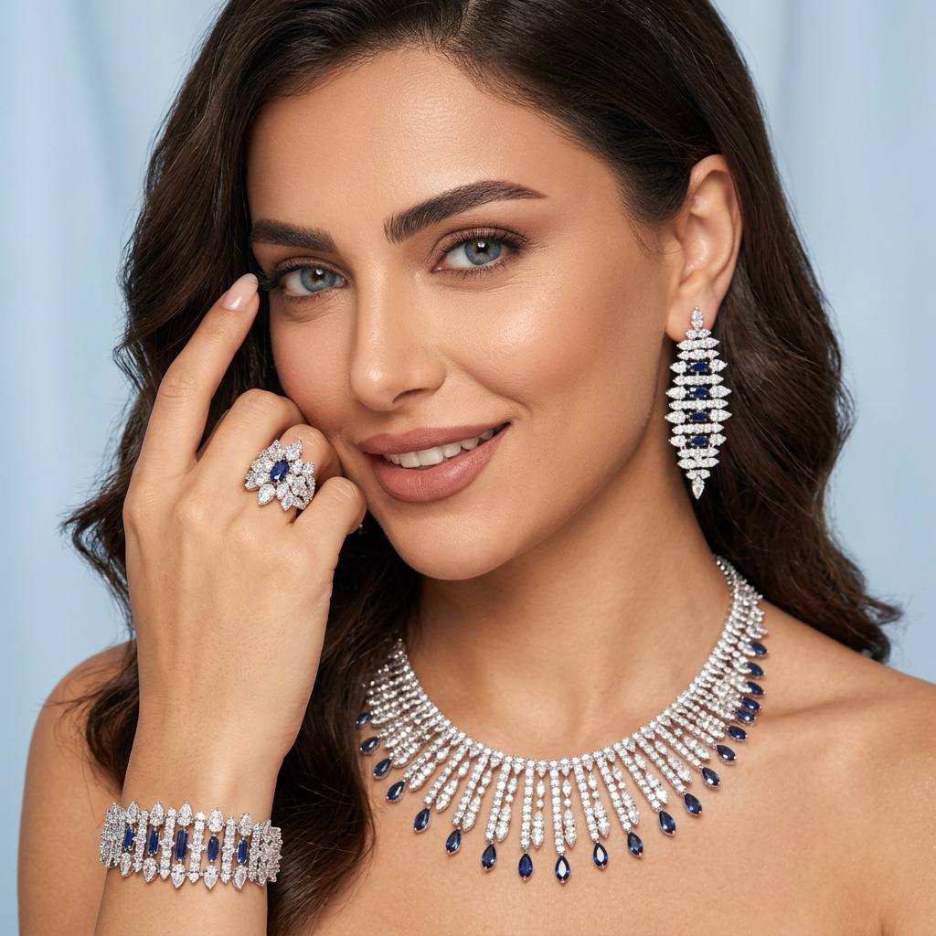 Omnia Lana Blue Bridal Full Set in High Quality Zircon Stone Rhodium Plated - Image 3