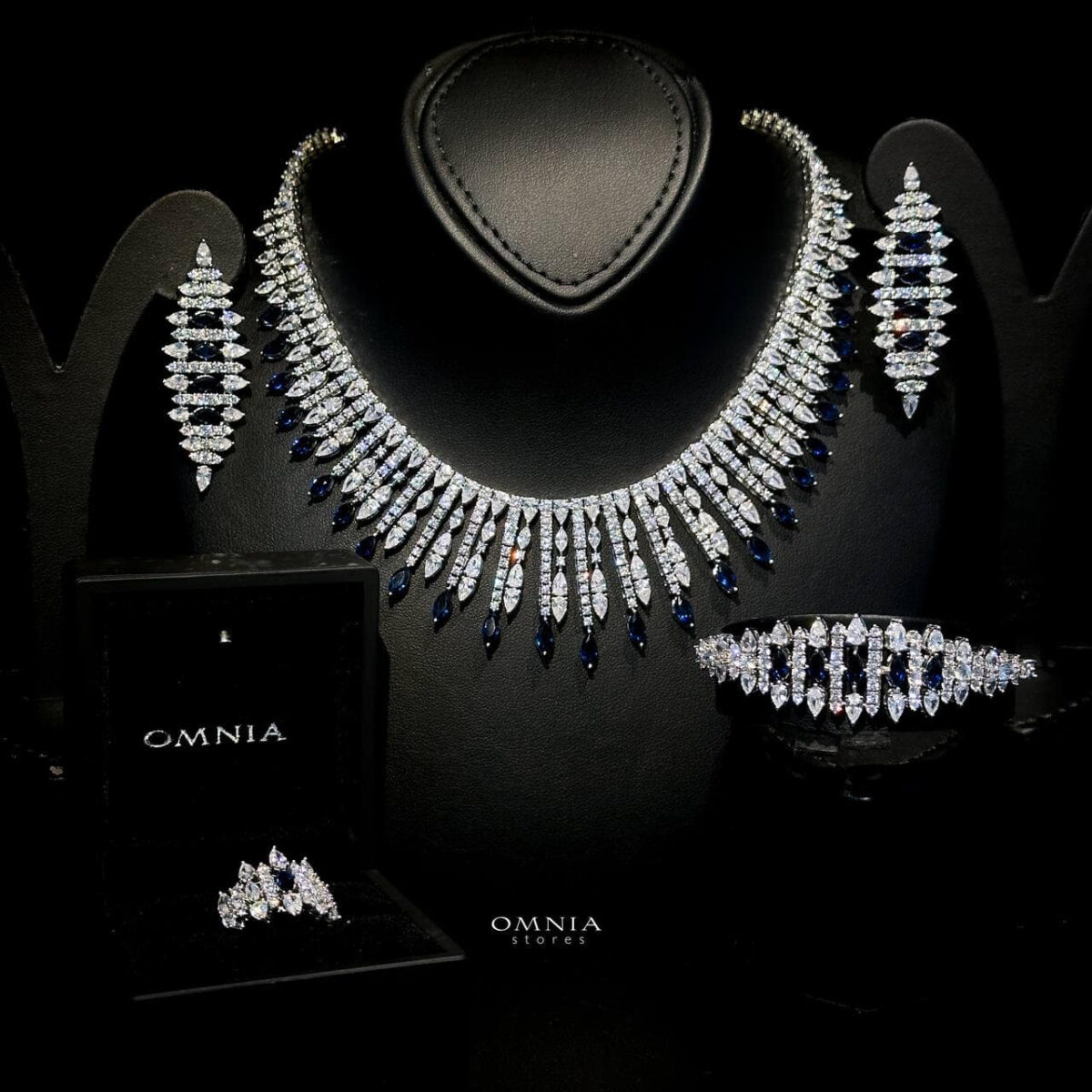 Omnia Lana Blue Bridal Full Set Accessories in High Quality Zircon Stone Rhodium Plated