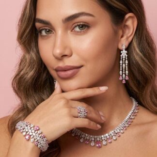 Omnia Nisrine Pink Bridal Full Set in High Quality Zircon Stone in Rhodium Plated