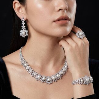 Omnia Rukaya Floral Pearl White Luxury Bridal Full Set in High Quality Zircon Stone Rhodium Plated