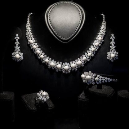 Omnia Rukaya Floral Pearl White Luxury Bridal Full Set in High Quality Zircon Stone Rhodium Plated