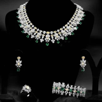 Omnia Dema Emerald Green and Yellow Bridal Full Set in High Quality Zircon Stone Rhodium Plated