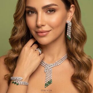 Omnia Rahaf Green Bridal Full Set Accessories in High Quality Zircon Stone in Rhodium Plated