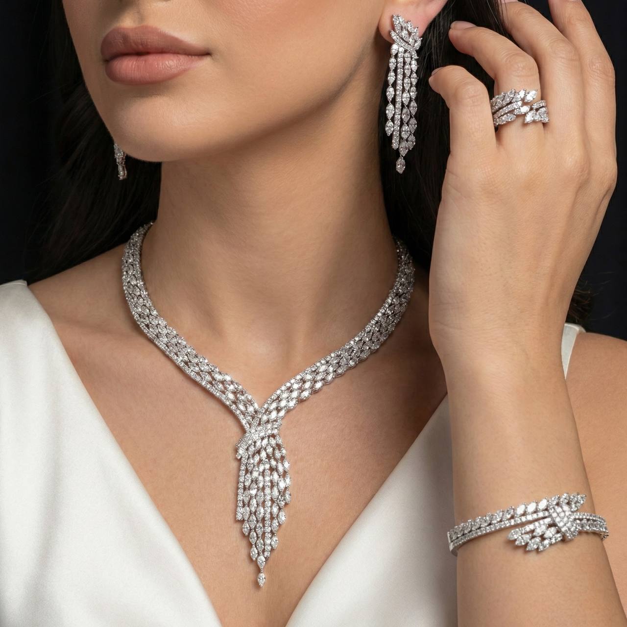 Omnia Fatma White Luxury Bridal Full Set in High Quality Zircon Stone in Rhodium Plated