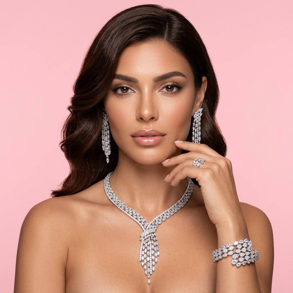 Omnia Fatma White Luxury Bridal Full Set in High Quality Zircon Stone in Rhodium Plated - Image 2