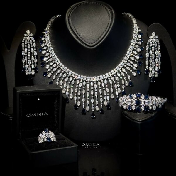 Omnia Rubin Blue Bridal Full Set Accessories in High Quality Zircon Stone Rhodium Plated