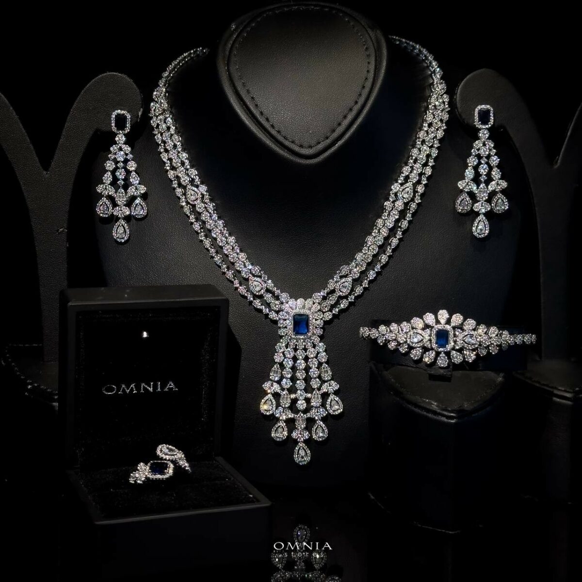 Omnia Nala Blue Bridal Full Set Accessories in High Quality Zircon Stone Rhodium Plated