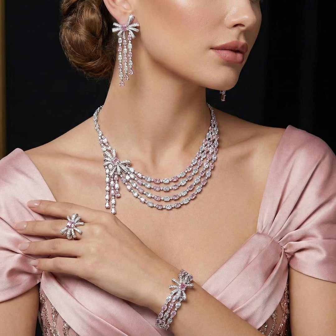 Omnia Mawada Pink Luxury Bridal Full Set in High Quality Zircon Stone Rhodium Plated