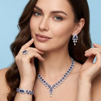 Omnia Rafi Blue Bridal Full Set with Elegant White and Simulated Diamonds in High-Quality Rhodium Plated Finish