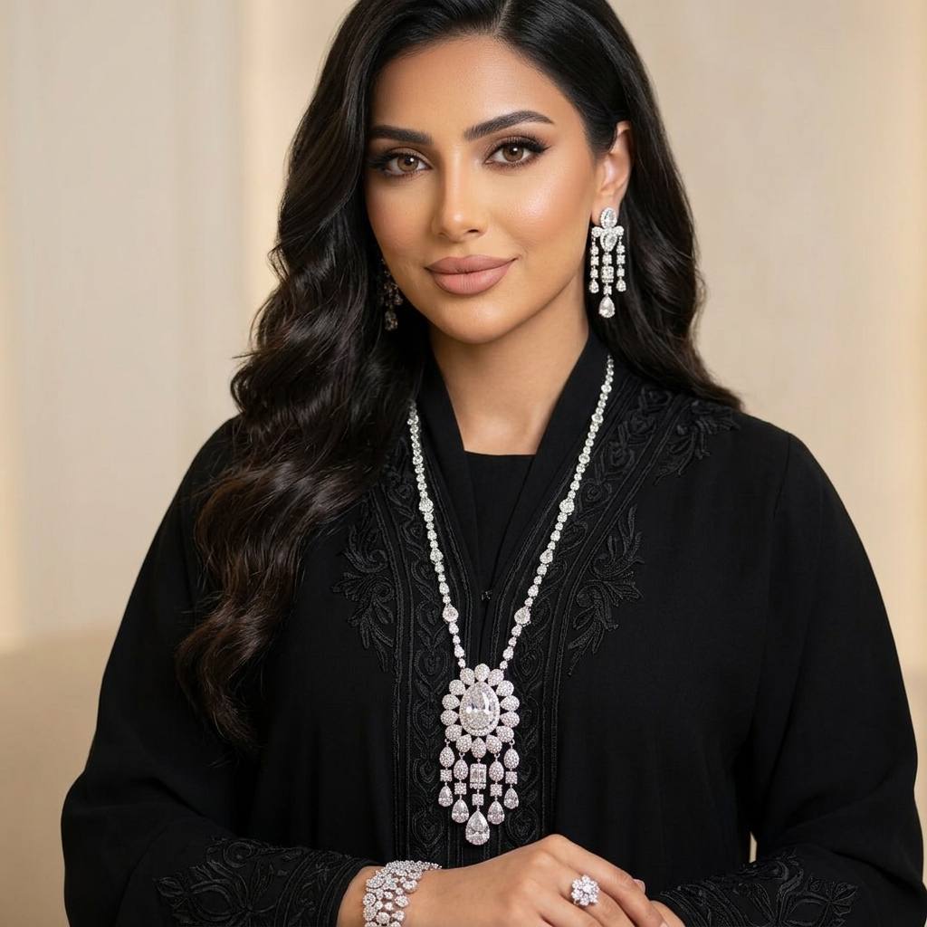 Omnia Aleya White Bridal Full Long chain Set in High Quality Simulated Diamonds - Image 2