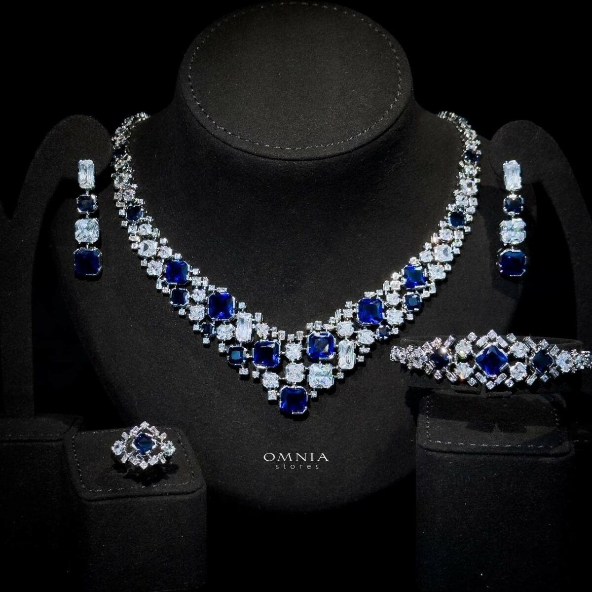 Omnia Catherine Blue Bridal Full Set Accessories in High Quality Zircon Stone Rhodium Plated