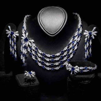 Omnia Mawada Blue Bridal Full Set with Elegant Bow-Accent Design and High-Quality Zircon Stones in Rhodium Plated Finish