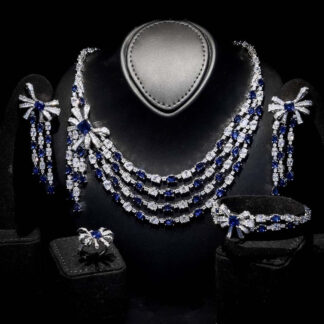 Omnia Mawada Blue Bridal Full Set with Elegant Bow-Accent Design and High-Quality Zircon Stones in Rhodium Plated Finish