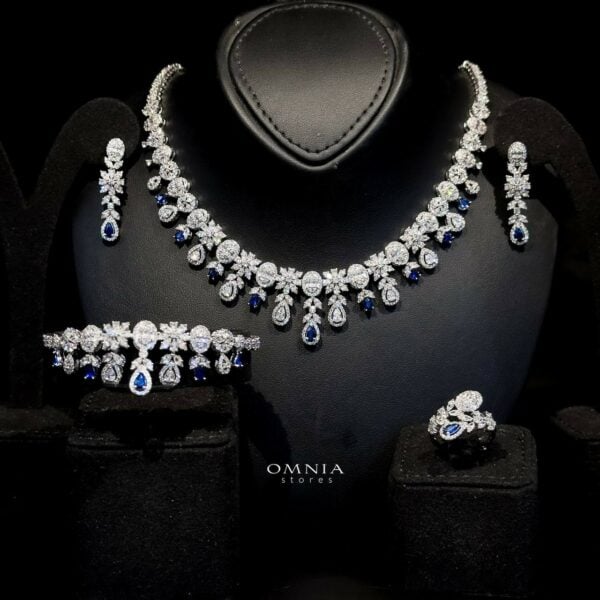 Omnia Trisha Blue Bridal Full Set Accessories in High Quality Zircon Stone Rhodium Plated