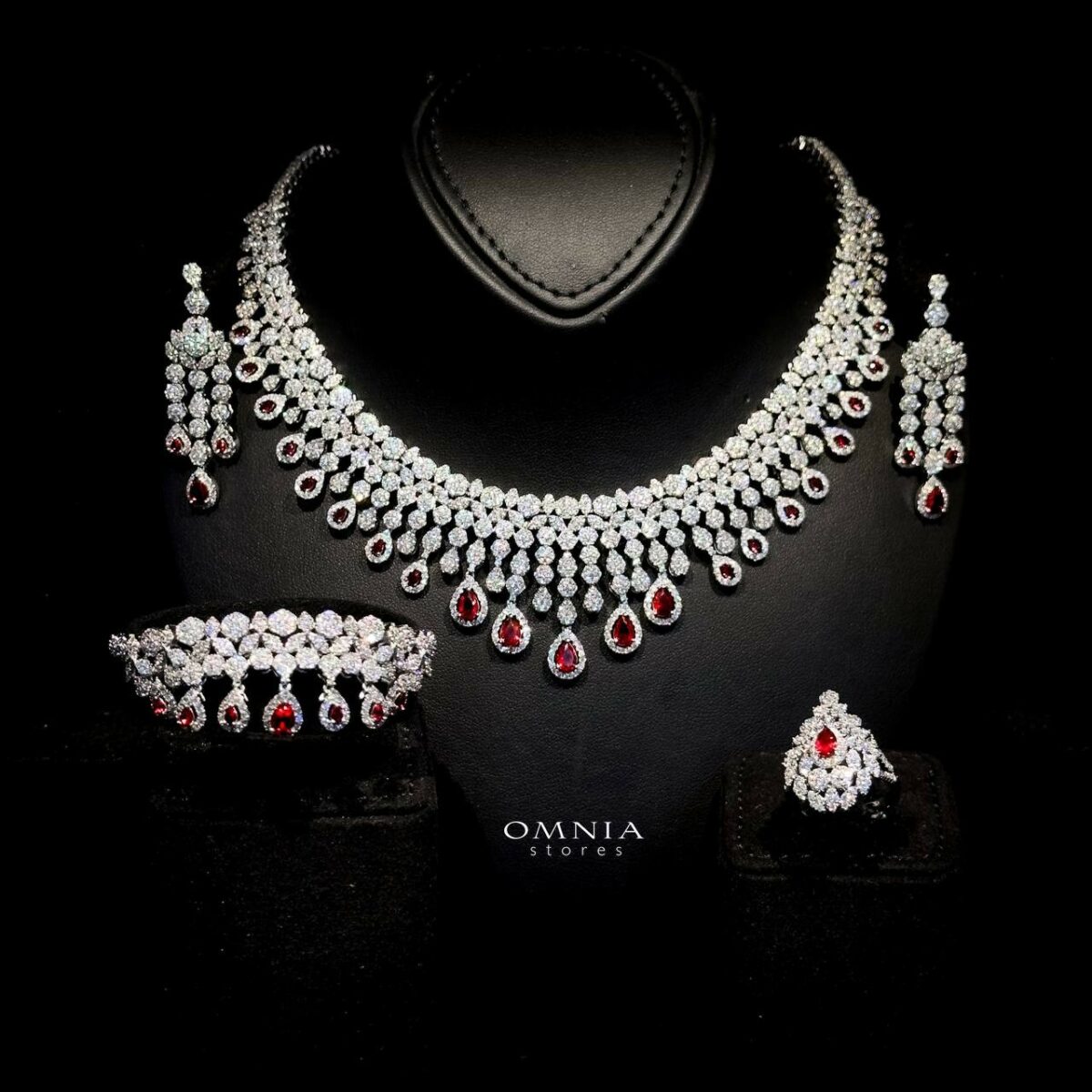 Red Bridal Set with Zircon Stones & Rhodium Plating - Shop Now