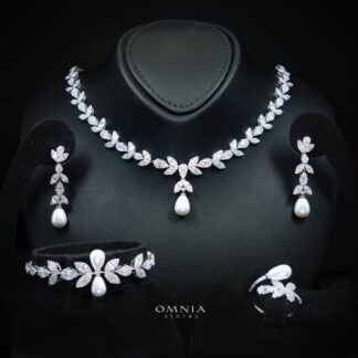 Samah White Pearl Luxury Bridal Full Set in High Quality Zircon Stone in Rhodium Plated