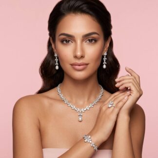 Samah White Pearl Luxury Bridal Full Set in High Quality Zircon Stone in Rhodium Plated