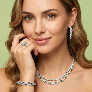 Omnia Nada Green Bridal Full Set Accessories in High Quality Zircon Stone Rhodium Plated