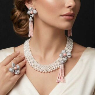 Omnia Ghadir Full Set with Fresh water Pearls and Pink Tassel Accents in 92.5 Silver High Quality Simulated Diamonds