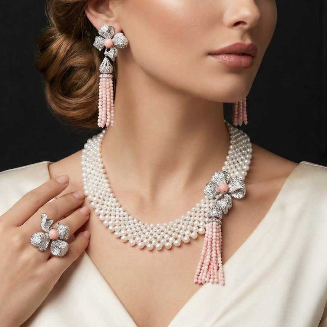 Omnia Ghadir Full Set with Fresh water Pearls and Pink Tassel Accents in 92.5 Silver High Quality Simulated Diamonds
