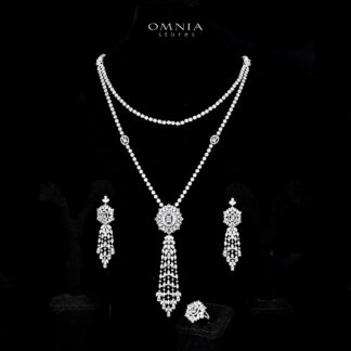 Omnia Ola White Bridal Long chain Set Accessories in High Quality Zircon Stone Rhodium Plated