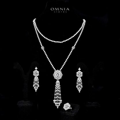 Omnia Ola White Bridal Long chain Set Accessories in High Quality Zircon Stone Rhodium Plated