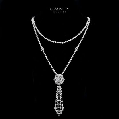 Omnia Ola White Bridal Long chain Set Accessories in High Quality Zircon Stone Rhodium Plated - Image 2