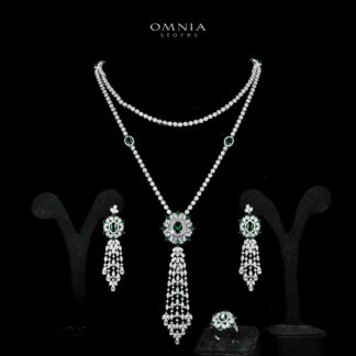 Omnia Ola Green Bridal Long chain Set Accessories in High Quality Zircon Stone Rhodium Plated