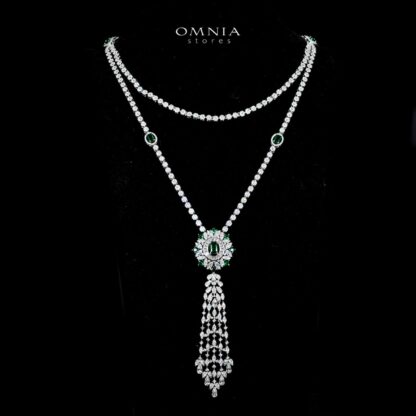 Omnia Ola Green Bridal Long chain Set Accessories in High Quality Zircon Stone Rhodium Plated - Image 2