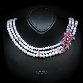 Omnia Blossom Pearl Necklace in 925 Silver with High Quality Simulated Diamonds - White