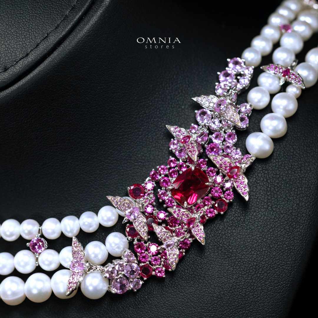 Omnia Blossom Pearl Necklace in 925 Silver with High Quality Simulated Diamonds - Image 2