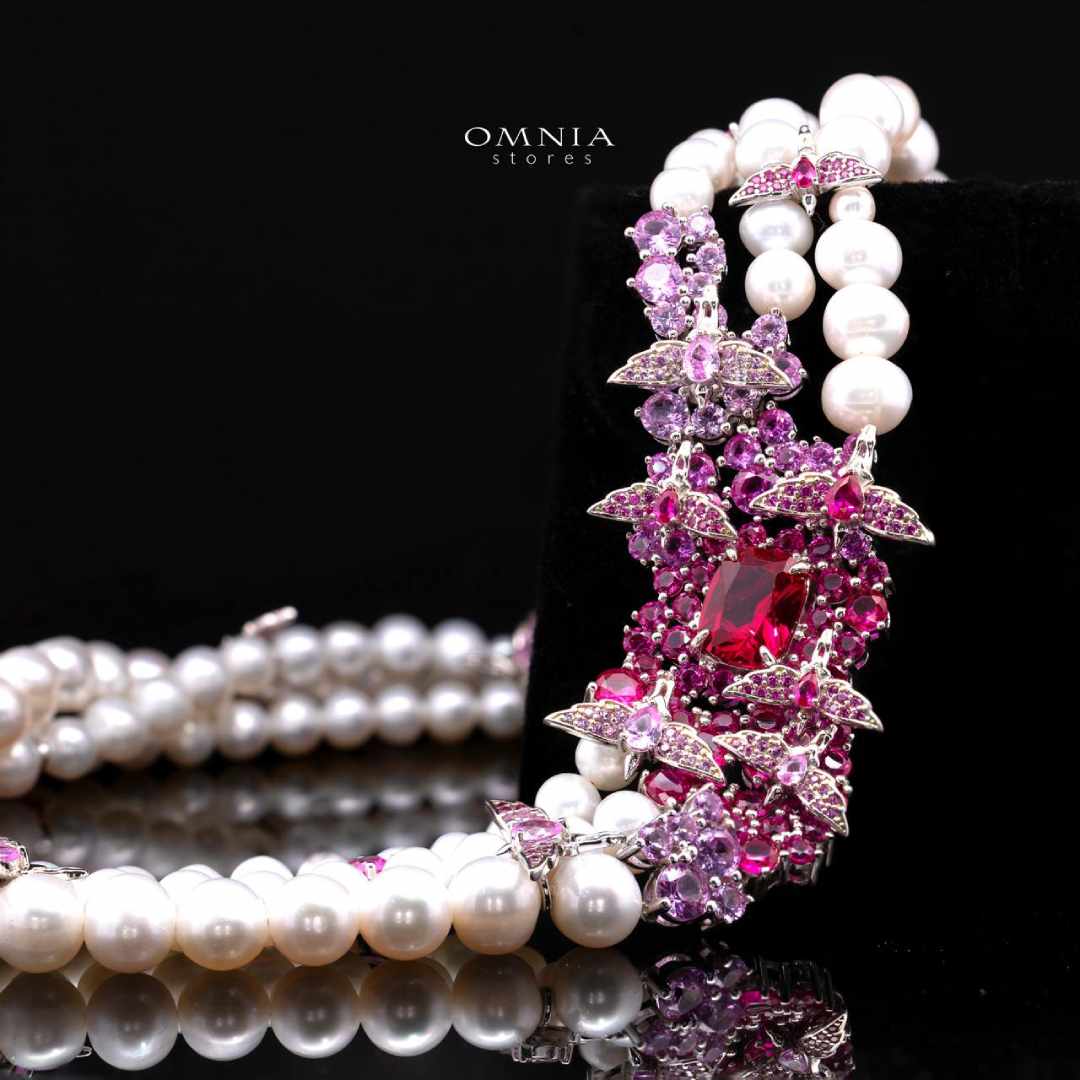Omnia Blossom Pearl Necklace in 925 Silver with High Quality Simulated Diamonds - Image 3