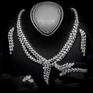 Omnia Yasira Leaf-Design White Luxury Bridal Full Set in High Quality Zircon Stone Rhodium Plated