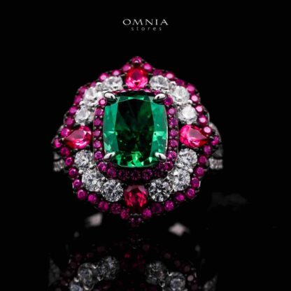 Omnia Maliya Green and Pink Ring in 92.5 Silver with High Quality Simulated Diamonds
