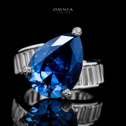 Omnia Sapphire Blue Teardrop Stone Ring in 92.5 Silver with High Quality Simulated Diamonds