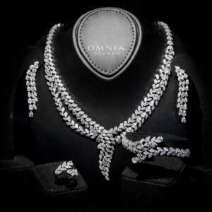 Omnia Yasira Leaf-Design White Luxury Bridal Full Set in High Quality Zircon Stone Rhodium Plated
