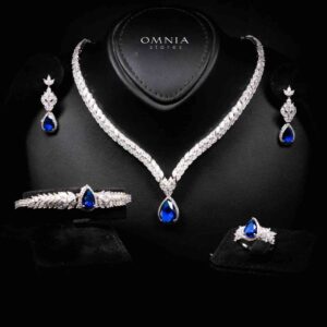 Omnia Aamira Teardrop-Design Bridal Navy Blue Full Set with High-Quality Zircon Stones in Rhodium-Plated Finish