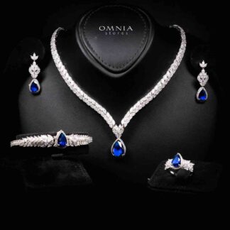 Omnia Aamira Teardrop-Design Bridal Navy Blue Full Set with High-Quality Zircon Stones in Rhodium-Plated Finish